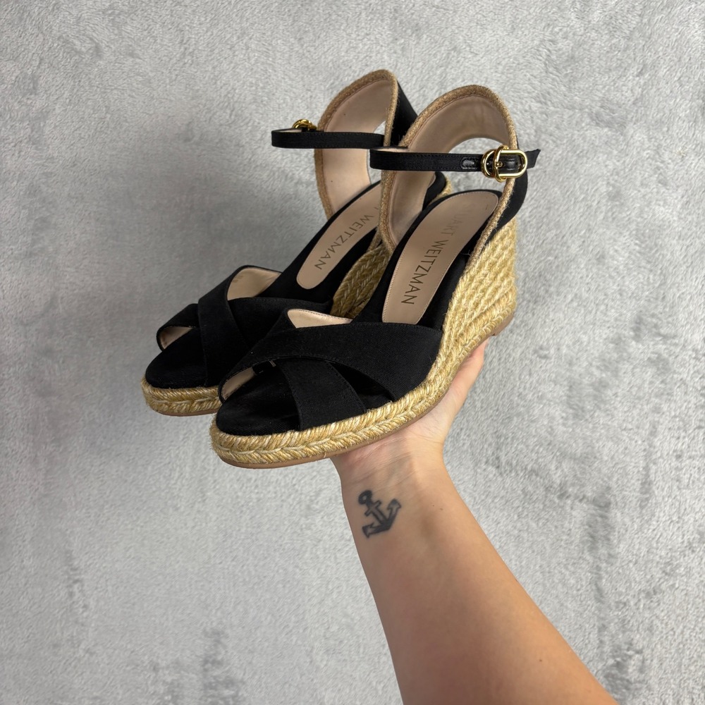 Stuart Weitzman Black Fabric Espadrille Wedge Sandals Ankle Strap 8.5